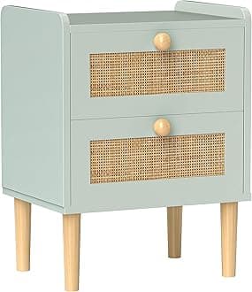 HOMCOM Bedroom Chest of Drawers, Boho Rattan Dresser with 2 Drawers, Storage Cabinet for Living Room, Hallway, Entryway, Olive Green