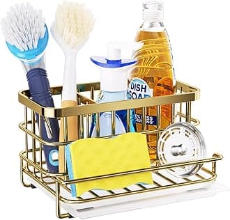 HapiRm Multifunctional Kitchen Sink Organizer with Removable Drain Tray, Quick Draining Rustproof Sink Caddy, Stainless Steel Kitchen Sponge Holder for Holds Sponge, Cleaning Towel and Scrubber - Gold