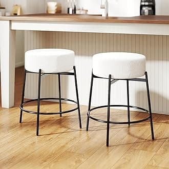 Swivel Bar Stools Set of 2,24" Counter Height Barstools with Round Soft Padded Boucle Backless Seat and Black Legs,Upholstered Barstools for Kitchen Island,Beige