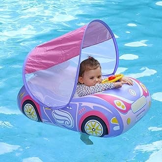 Swimbobo Toddler Pool Float Inflatable Car Baby Swim Float with Adjustable Sun Canopy and Safety Seat Pool Toys for Kids 3+ Years Old(Purple Pink Car)
