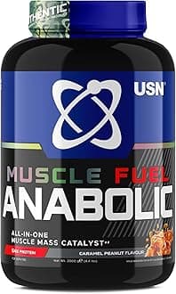 USN Muscle Fuel Anabolic All-In-One Muscle Mass Gainer, Caramel Peanut Flavour - 2kg, 54g Protein Powder, 5g Creatine Powder & 5g BCAA Powder For Maximum Muscle Growth, Post Workout Recovery Drink Mix