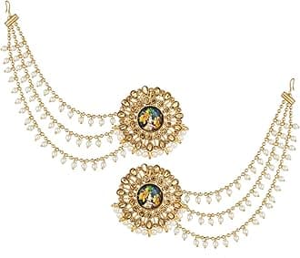Traditional Gold Plated Latest Stylish Bahubali Hair Long Chain Temple Jewellery Pearl Earrings for Women & Girls