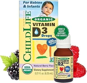 CHILDLIFE ESSENTIALS Organic Vitamin D3 Liquid Drops, Natural Berry Flavor - Gluten Free, Alcohol Free, Casein Free, Non-GMO - 0.338 fl. oz