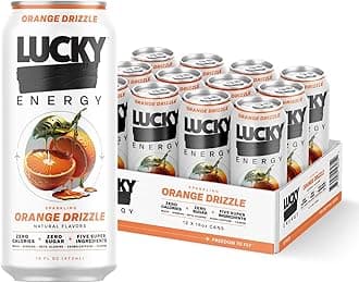 Lucky Energy Sugar Free Energy Drinks 16 Fl Oz Cans (12-Pack) Orange Drizzle with Maca, Ginseng, Taurine, Beta-Alanine, 200mg Caffeine