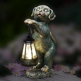 Garden Statues Dog with Solar Lantern Outdoor Puppy Figurines Decorations for Patio Yard Lawn Ornaments Gifts for Birthday Mom Housewarming(Bronze)