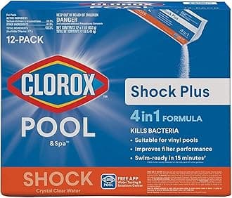 Shock Plus, for Crystal Clear Swimming Pool Water, Swim-ready in 15 minutes, Suitable for vinyl pools 12 Count (Pack of 1)
