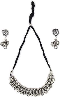 PUJVI Fashions Stylish Traditional Oxidised New Ghungroo Silver Choker Necklace Jewellery Set for Girls or Women.
