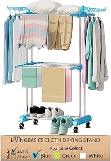 LIVINGBASICS 2 Layer Finest/Clothes Stand for Drying/Cloth Drying Stand/Cloth Stand for Drying Clothes Foldable/Cloth Drying Stand for Balcony/Stainless Steel Hanging Dress Dryer Rack (Blue)