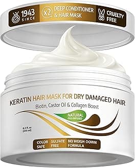 VITAMINS hair cosmetics Keratin Hair Mask - Protein Repair Keratin Treatment - Deep Conditioner for Dry, Damaged, Curly, Straight & Frizzy Hair with Biotin, Collagen & Castor Oil - 8.5 Fl Oz