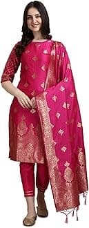 VredeVogel Women's Cotton Silk Jacquard Kurta Pant with Banarasi Silk Dupatta