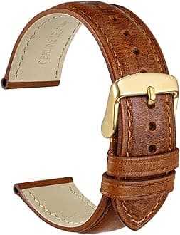 WOCCI 18mm Vintage Leather Watch Band for Men and Women, Gold Buckle (Gold Brown)