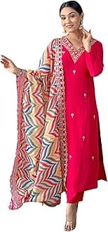 Women's Viscose Embroidered Straight Kurta with Pant and Dupatta Sets (NX-467)