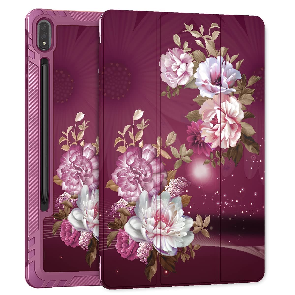 Hocase for Galaxy Tab S7 FE Case, PU Leather Tri-Fold Flip Case with Unique Flower Design, Soft TPU Back Cover for Samsung Galaxy Tab S7 FE (12.4" Display) 2021 Model - Purple Flowers