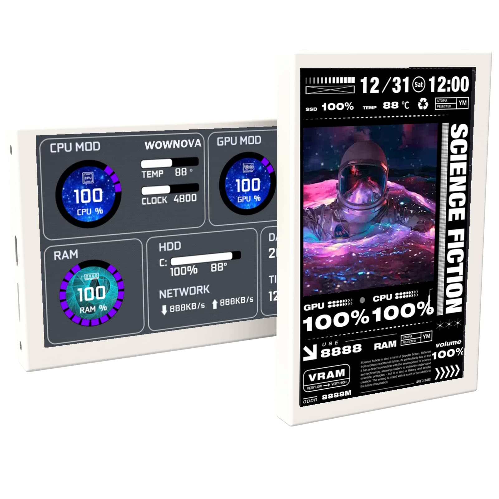 5" Computer Temp Monitor, Dynamic Theme Supported, ARGB PC Case Sensor Panel, IPS Type-C USB Mini Secondary Screen, CPU RAM HDD Data Monitor (White)