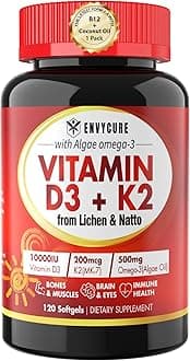 Plant-Based Vitamin D3 K2 Supplement Softgel - Vit D3 10000 Iu + Vitamin K2 Mk7 200 Mcg, Algae Omega-3, Magnesium, Vitamin B12 For Bone & Muscle, Immune Support, Max Absorption, Easy To Swallow 1pack