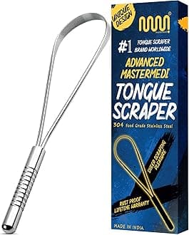 MasterMedi Tongue Scraper, Bad Breath Treatment for Adults & Kids, Medical Grade 100% Stainless Steel Tongue Scrapers for Oral Care, Easy to Use Tongue Cleaner with Ergonomic Design for Hygiene
