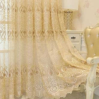 Amidoudou 1 Pair European Jacquard Sheer Curtains Embroidered Tulle Curtains Living Room Bedroom Luxury Translucent Window Screening (Gold,63x108 Inch)