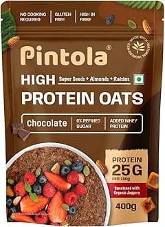 25g High Protein Oats 400g, Dark Chocolate,No Refined Sugar, with Almonds Raisin, Pumpkin and Chia Seeds, 8g Fibre, Rolled Oats for weight loss, Breakfast Cereals | Gluten Free