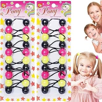 Beauty Town 20PCS Bubble Ponytail Holders – 20mm Twin Bead Hair Ties for Girls & Kids – Colorful Elastic Hair Accessories for Braids & Pigtails (Black/Pink/Lime)