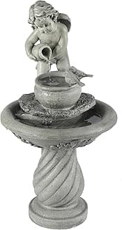 LuxenHome 34 Inch Outdoor Water Fountain, Resin Cherub Angel Water Fountains Indoor and Outdoor, Angels and Bird Garden Water Fountain, Decorative Waterfall for Backyard
