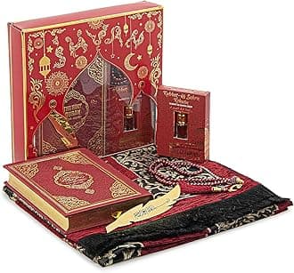 ihvan online Prayer Gift Set for Hajj and Umrah, Muslim Prayer Rug, Prayer Mat, Beads Taasbih, Holy Quran Translated English, Janamaz Salah Mat, Islamic Gift Set for Ramadan & Eid, Red