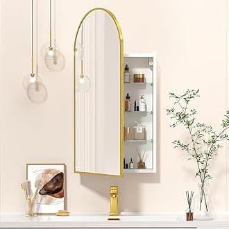 Mepplzian Arched Mirror Cabinet,Semicircular Mirror with Storage,Curved Arch Bathroom Cabinets with Mirrored Door,Brushed Gold Mirrored Bathroom Cabinets Wall Mounted,40x80 cm
