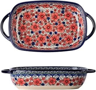 Vintage Style Cherry Blossom Flowers Polish Pottery Bakeware Ceramic Casserole Dish Baking Pan Lasagna Pans Baking Dish with Handles for Oven to Table-1 PCS, 24 oz