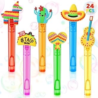 Winrayk Cinco de Mayo Party Favors, 24Pcs Fiesta Mexican Mini Bubble Wands for Kids Bubbles Bulk with Detachable Topper, 6 Styles & Colors (Taco Maraca Llama Cactus Guitar Sombrero), Goody Bag Stuffer
