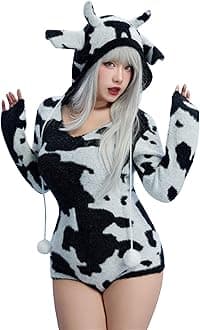 MobbunnyWomen's Fuzzy Knit Sweater Pajamas Cute Cow Print Jumpsuit Fluffy Hooded Romper Bodysuit Onesies Pajamas Adult