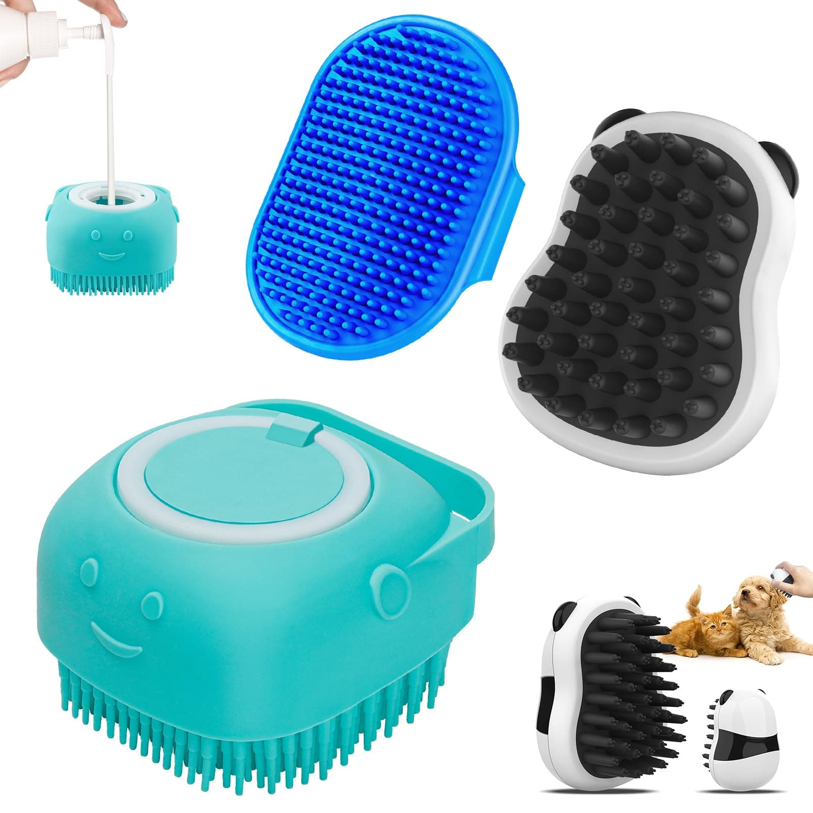 3-in-1 Dog Grooming Brush | Adjustable Handle Shampoo Brush & Scrubber for Short & Long Haired Dogs & Cats (Blue Blue White)