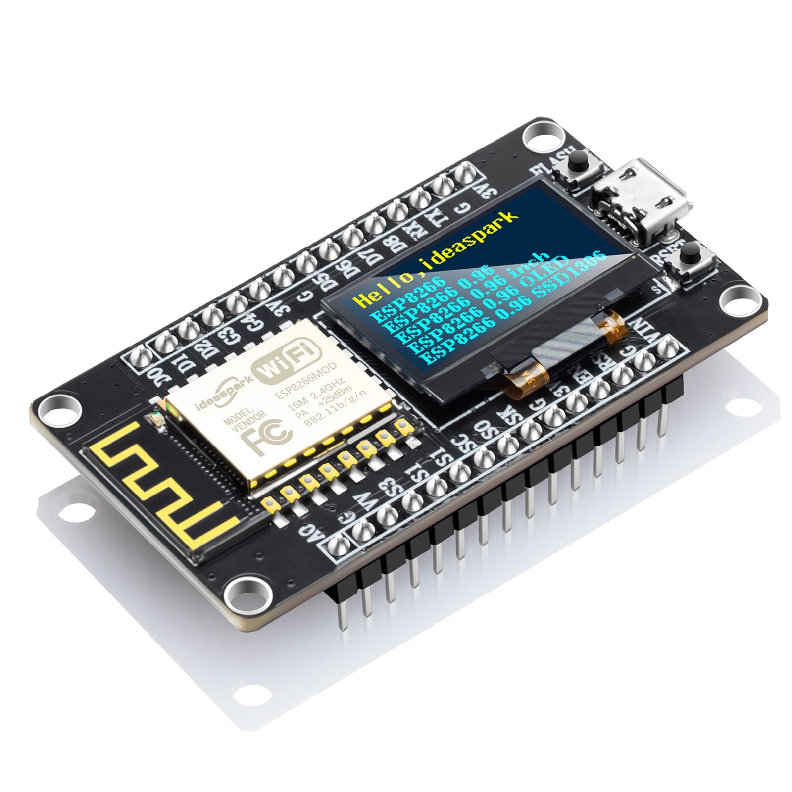 NodeMCU ESP8266 Development Board with 0.96 Inch OLED Display, CH340 Driver, ESP-12E WiFi Wireless Module, and Micro USB Works Great for Arduino IDE/Micropython Programming (Pin Header Soldered)