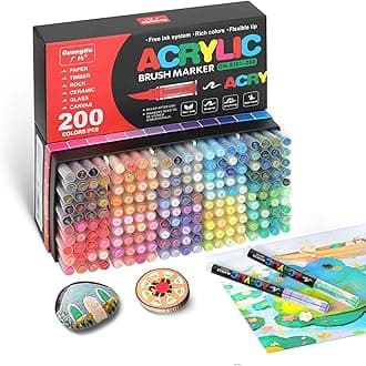 200 Colors Acrylic Paint Markers Brush Tip, Acrylic Paint Pens with Direct-Liquid Ink System, Paint Markers for Rock Painting, Fabric, Wood, Canvas, Plastic, Permanent,Washable,Quick-Drying,Waterproof
