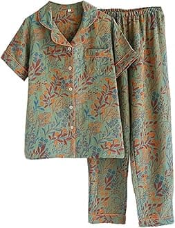 Vintage Leaf Cotton Lapel Loungewear Set,Colorful Floral Long Sleeve Trousers Cardigan,Women's Pajama Two Piece Set