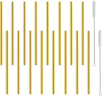 Short Cocktail Straws, Metal Stainless Steel Reusable Straw Small Mini 6 Inch for Cocktails Party Accessories Glasses Mason Jar Tumbler Coffee Juice Tea Mojito with Brush, Gold 16PCS