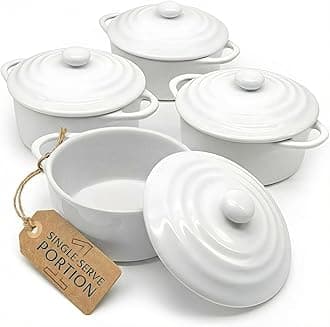 Kook Ceramic Mini Cocotte Set, Small Casserole Dishes with Lids and Handles, Individual Baking Ramekins, Oven safe 350F, Microwave & Dishwasher Safe, Stoneware, 12 oz, Set of 4, (Swiss White)