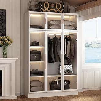 HitowWardrobe Cabinet with LED Light Strips, Armoire Closet with Glass Doors, Wooden Large Wardrobe with 5 Tiers Shelf & Hanging Rod, Modern Bedroom Armoire Clothes Organizer, White 47.2" W