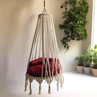 ecofynd Premium Luxury Macrame Swing Hammock with Cushion Set for Adults & Kids, Large Chair Jhula Relax for Indoor, Outdoor, Balcony, Deck, Patio, Living Room, Home (Ivory, BH037-CU-RED)