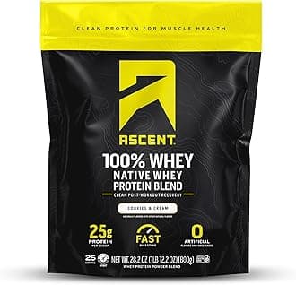 Ascent 100% Whey Protein Powder - Post Workout Whey Protein Isolate, Zero Artificial Flavors & Sweeteners, Gluten Free, 5.5g BCAA, 2.6g Leucine, Essential Amino Acids, Cookies & Cream 1.7 lb