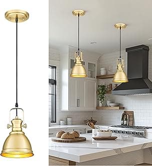 Pendant Lights Kitchen Island, Farmhouse Hanging Lights Fixtures with Metal Shade, Rustic Kitchen Pendant Lighting Over Island for Dining Room, Brushed Gold, AD-2151-1P-GD
