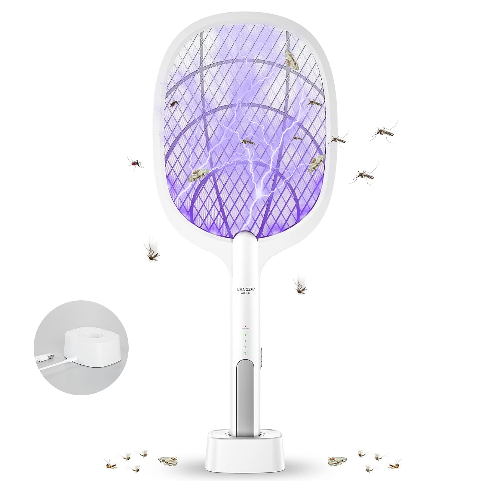 Electric Fly Swatter, 3500V USB Rechargeable Fly Killer Bug Zapper Racket with Charging Base, Home and Outdoor Mosquito Killer with LED Light for Mosquitoes, Flies, Bees, Moths (White)
