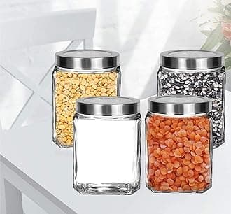 Vency Piramal Glass Cubical Square 600ml Transparent Glass Jars & Containers for Kitchen Pantry- Storage with Lid (600ml, Set Of 4)