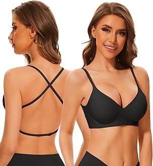 Deep V Neck Backless Bras for Women Padded Bralette Push Up Seamless Wire-Free Low Back Bra Convertible Straps