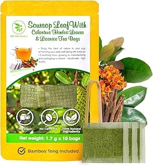 Graviola Soursop Leaf Tea Samplers with Celastrus Hindsii & Licorice - 10 Count + Bamboo Tong, Corn Based Tea Bags, Natural Herbal Tea for Comfort Relax, Re-Steep Hoja De Guanabana
