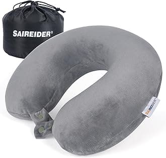 SAIREIDER Travel Pillows for Sleeping Airplane 100% Pure Memory Foam Neck Pillow for Airplanes Washable Cover with Storage Bag (Grey)