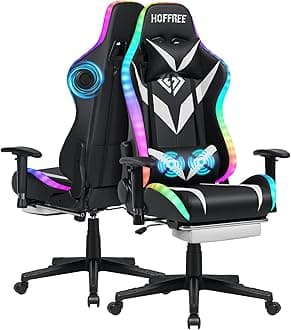 Gaming Chair with Bluetooth Speakers and Led Lights Massage Video Game Chair with Footrest Reclining High Back Computer Gamer Chair White and Black