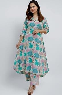 Women's Anarkali Rayon Floral Printed Kurta Pant Set | High-Low Hem & 3/4 Sleeves | Ethnic Co-ord for Festive & Casual Wear | Co ord Set For Women Stylish | 2 Piece Dress For Holiday Look & Puja