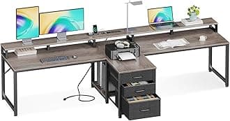 94" Two Person Computer Desk with Power Outlet & USB Ports, Extra Long Home Office Desk with Fabric Drawers, File Cabinet & Monitor Stand, Oak Gray