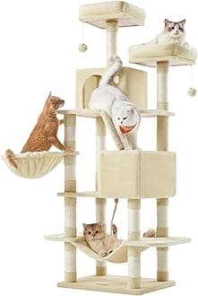 Feandrea Cat Tree, 168 cm Large Cat Tower Condo with 13 Scratching Posts, 1 Scratching Ramp, 2 Perches, 2 Caves, Basket, Hammock, Pompoms, Beige PCT165M01V1