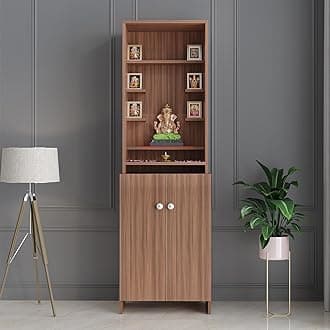 FURNEASER Shrisha Engineered Wood Pooja Mandir for Home | Modern Design Temple for Home & Office | Puja Stand Shelf | Puja Rack, Exotic Teak Finish, 161x50x28 cm