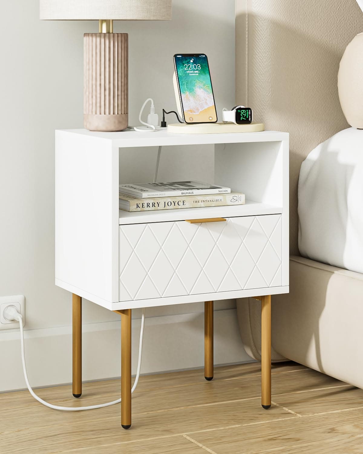 Nightstand,Small Bedside Table with Gold Frame,White Night Stand,Bedside Furniture,Side Table with Drawer and Shelf for Bedroom,Living Room (1Drawer-Pattern, White-Outlet)
